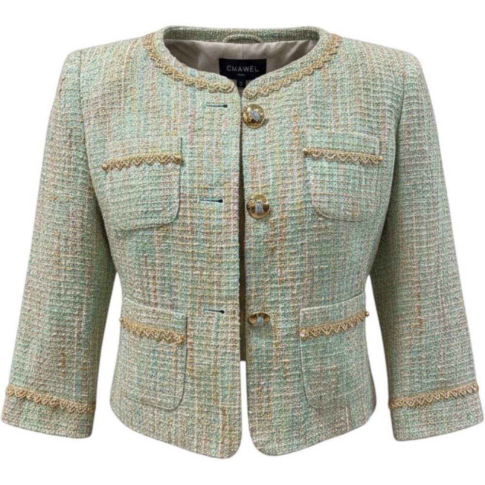 Cynthia Steffe Pastel Tweed Jacket Gold Trim Cropped Blazer Mint Green Pink Sz 4